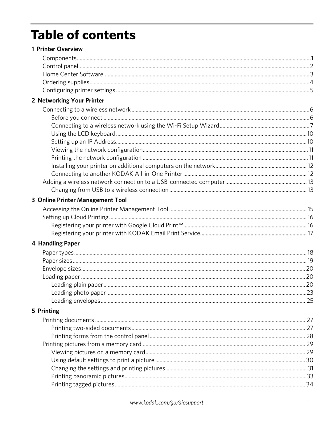 Kodak ESP 1.2 manual Table of contents 