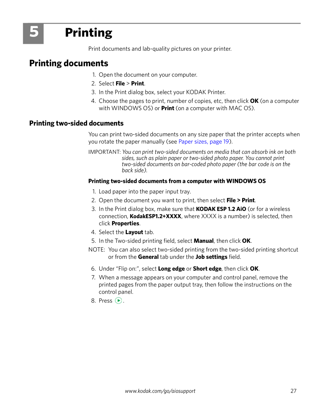 Kodak ESP 1.2 manual Printing documents, Printing two-sided documents 