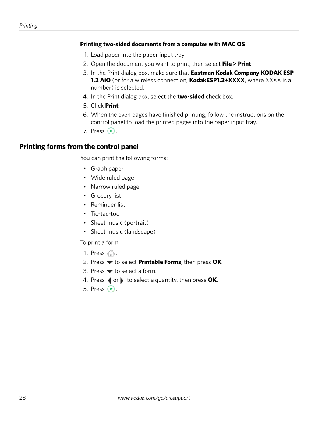 Kodak ESP 1.2 manual Printing forms from the control panel, Printing two-sided documents from a computer with MAC OS 
