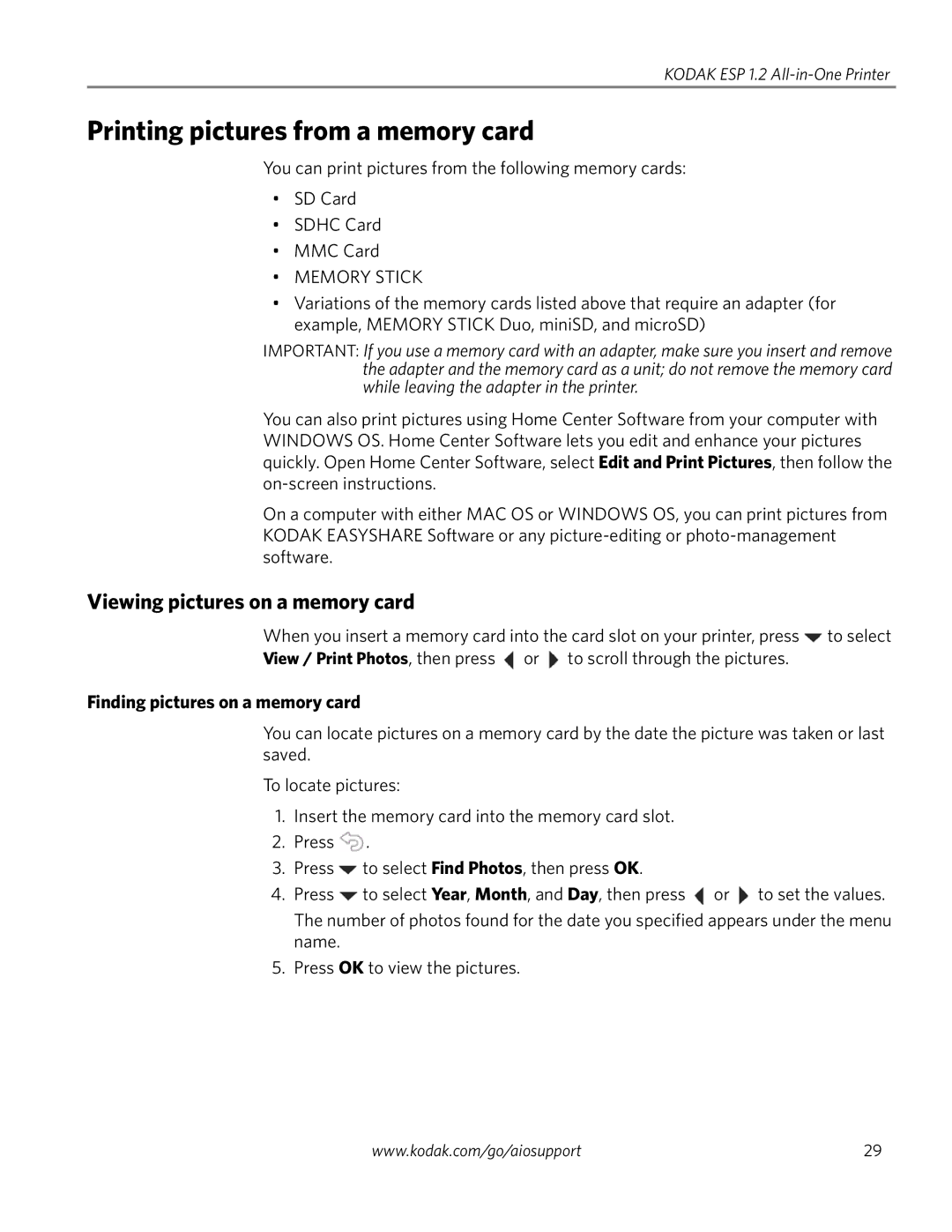 Kodak ESP 1.2 Printing pictures from a memory card, Viewing pictures on a memory card, Finding pictures on a memory card 