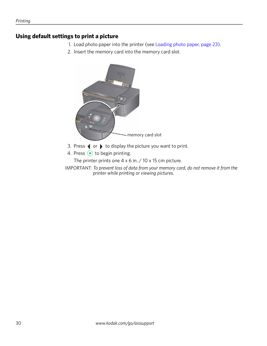 Kodak ESP 1.2 manual Using default settings to print a picture 