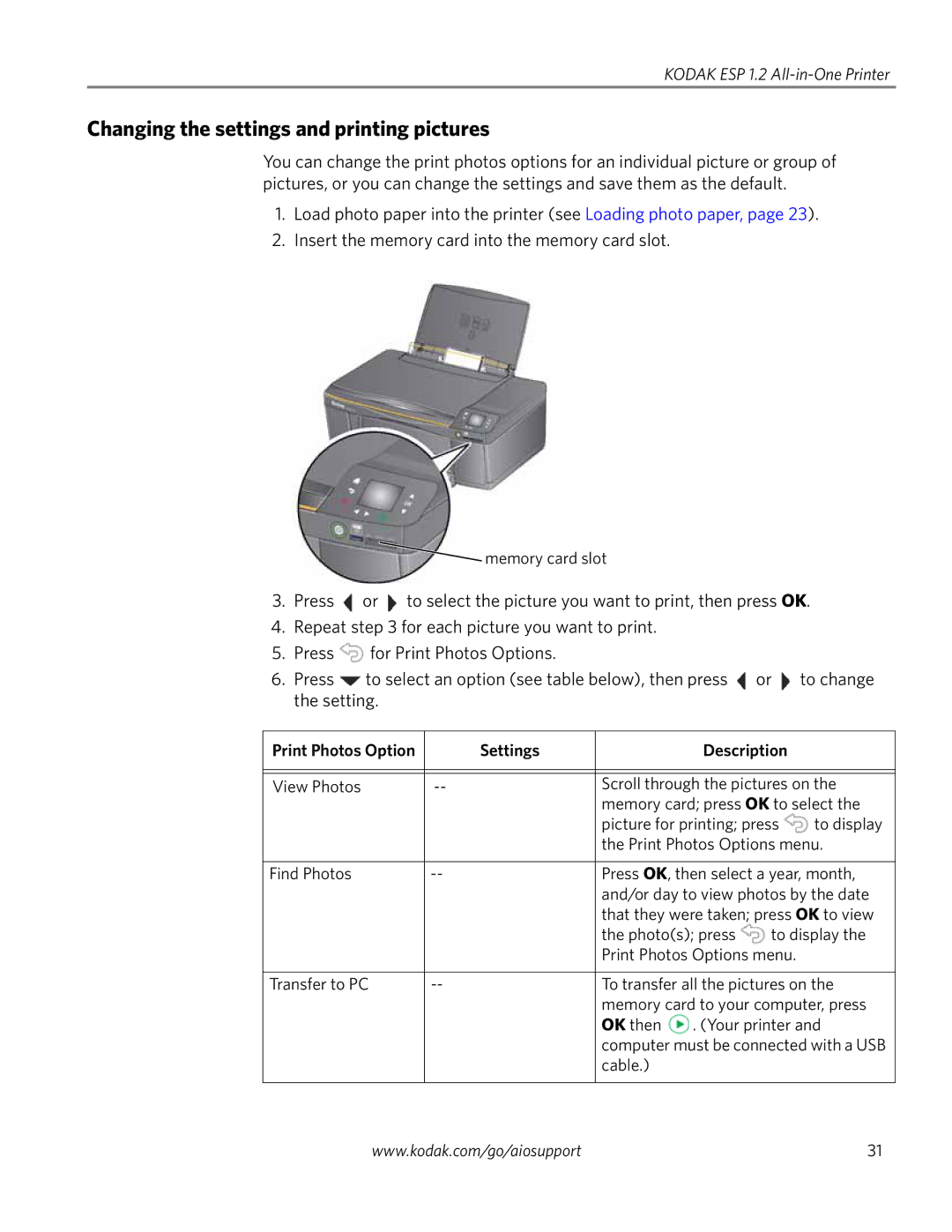 Kodak ESP 1.2 manual Changing the settings and printing pictures, Settings Description 