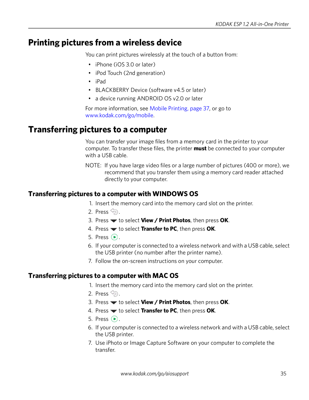 Kodak ESP 1.2 manual Printing pictures from a wireless device, Transferring pictures to a computer 