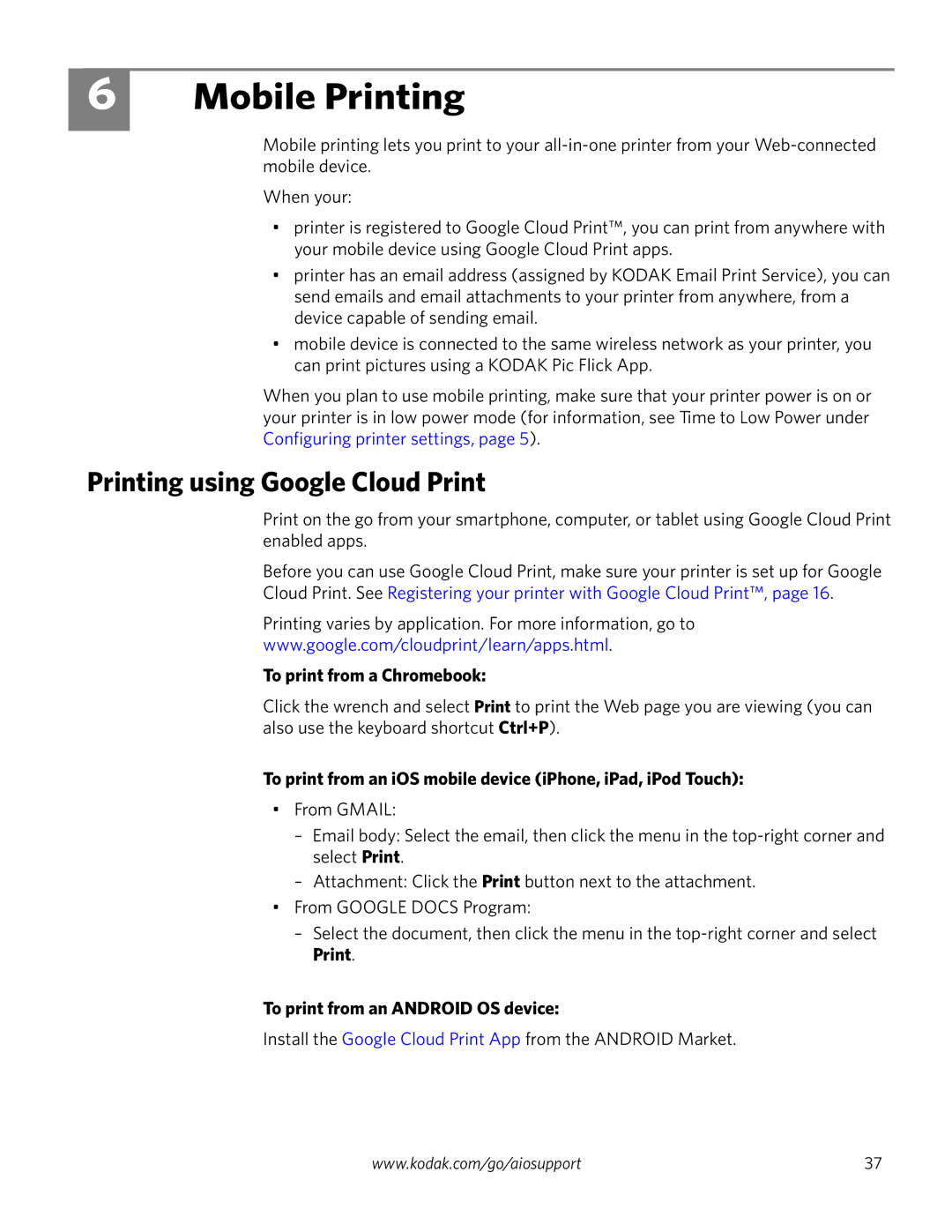 Kodak ESP 1.2 manual Mobile Printing, Printing using Google Cloud Print, To print from a Chromebook 