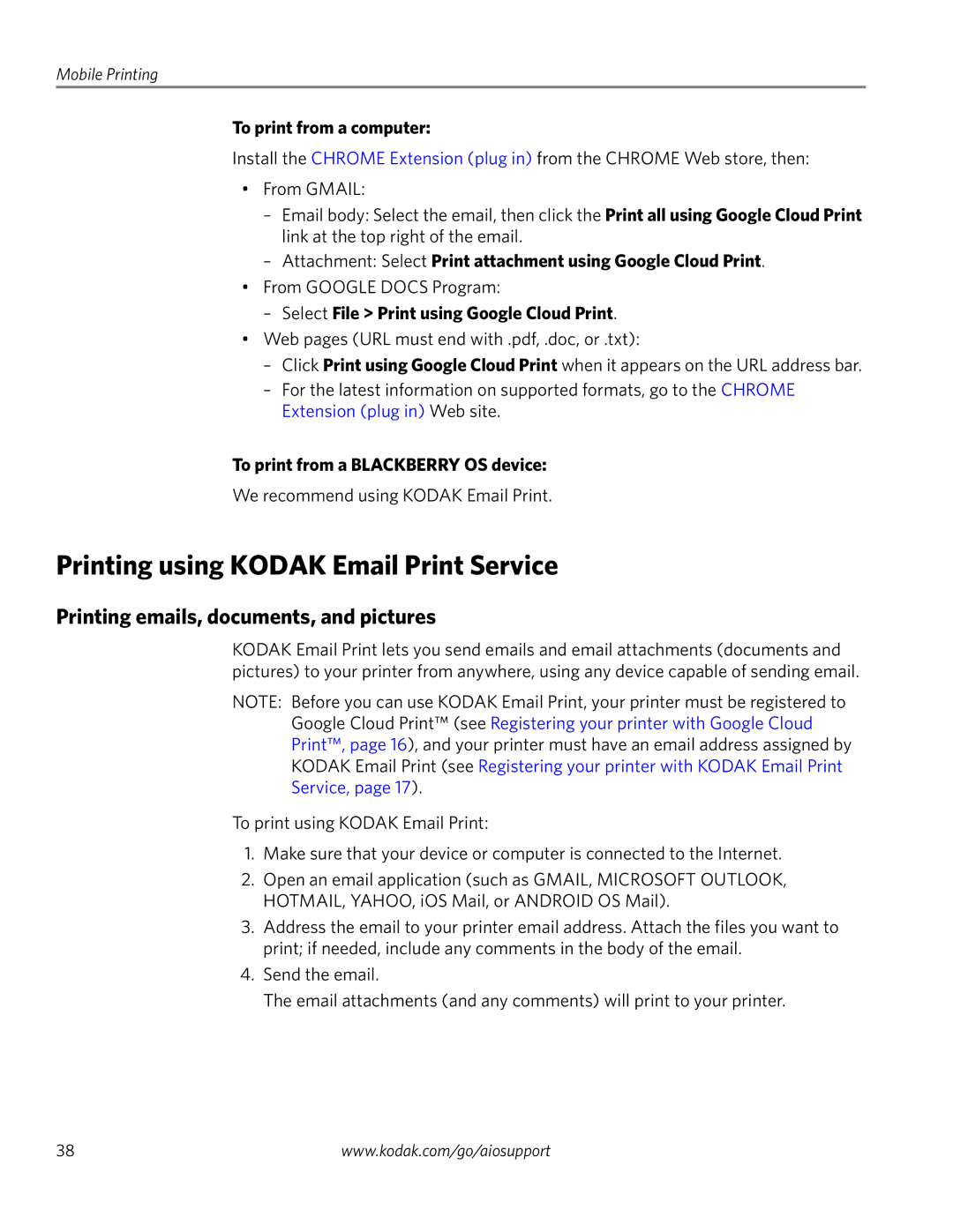 Kodak ESP 1.2 manual Printing using Kodak Email Print Service, Printing emails, documents, and pictures 