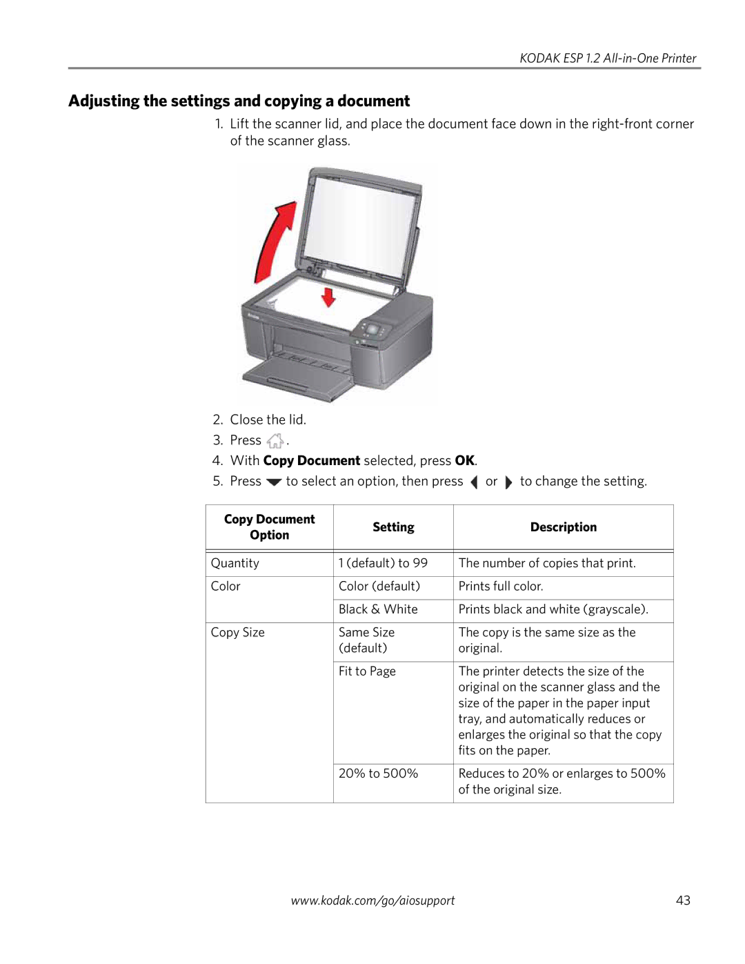 Kodak ESP 1.2 manual Adjusting the settings and copying a document, Copy Document Setting Description 