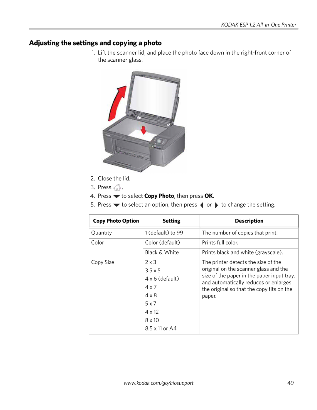 Kodak ESP 1.2 manual Adjusting the settings and copying a photo, Copy Photo Option Setting Description 