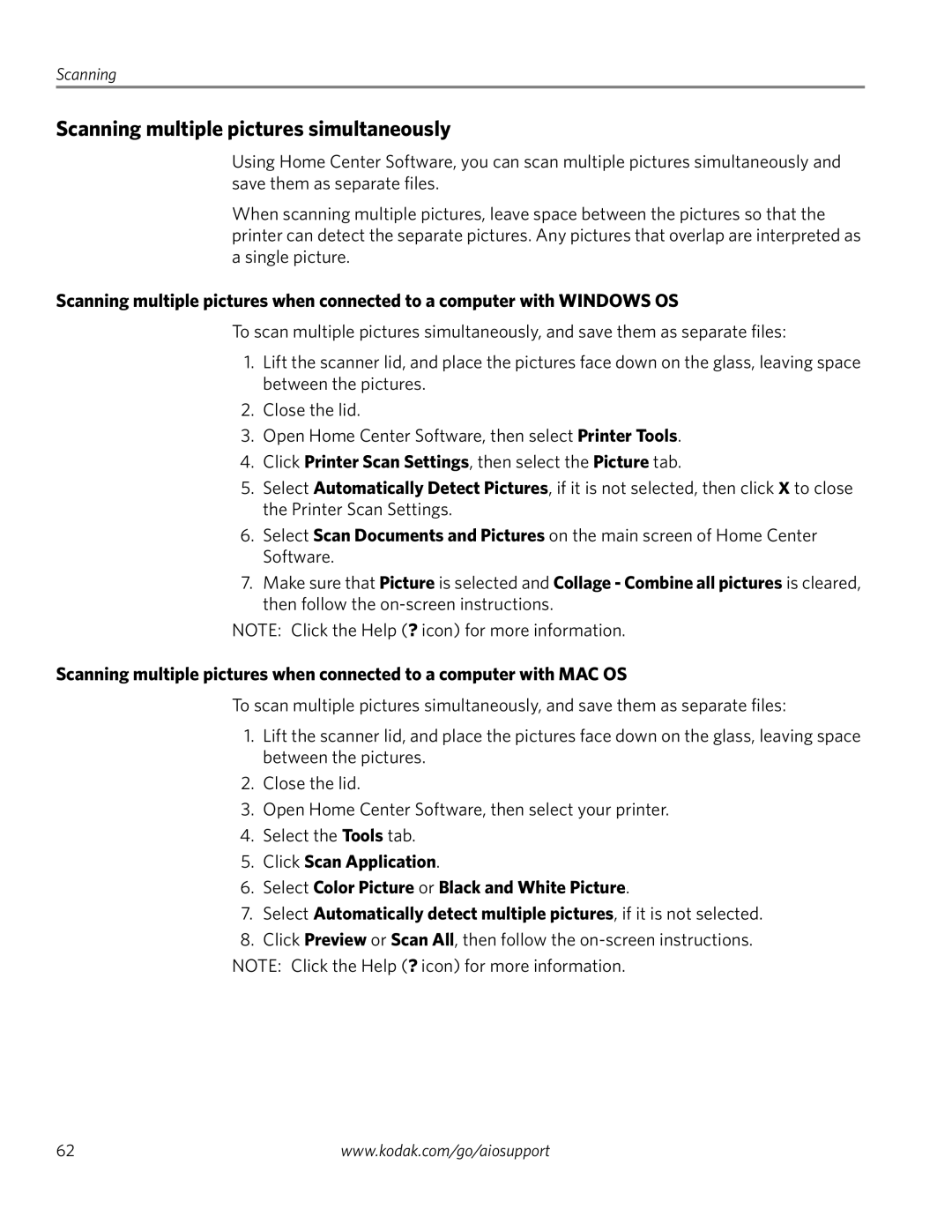 Kodak ESP 1.2 manual Scanning multiple pictures simultaneously, Click Printer Scan Settings, then select the Picture tab 