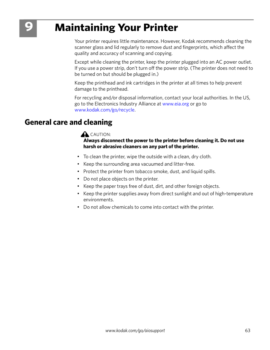 Kodak ESP 1.2 manual Maintaining Your Printer, General care and cleaning 