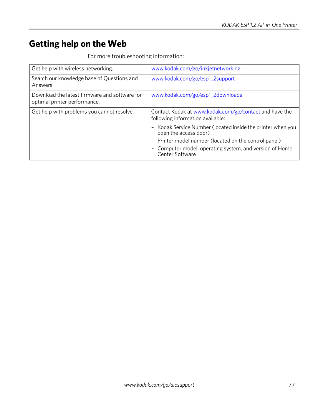 Kodak ESP 1.2 manual Getting help on the Web, For more troubleshooting information 