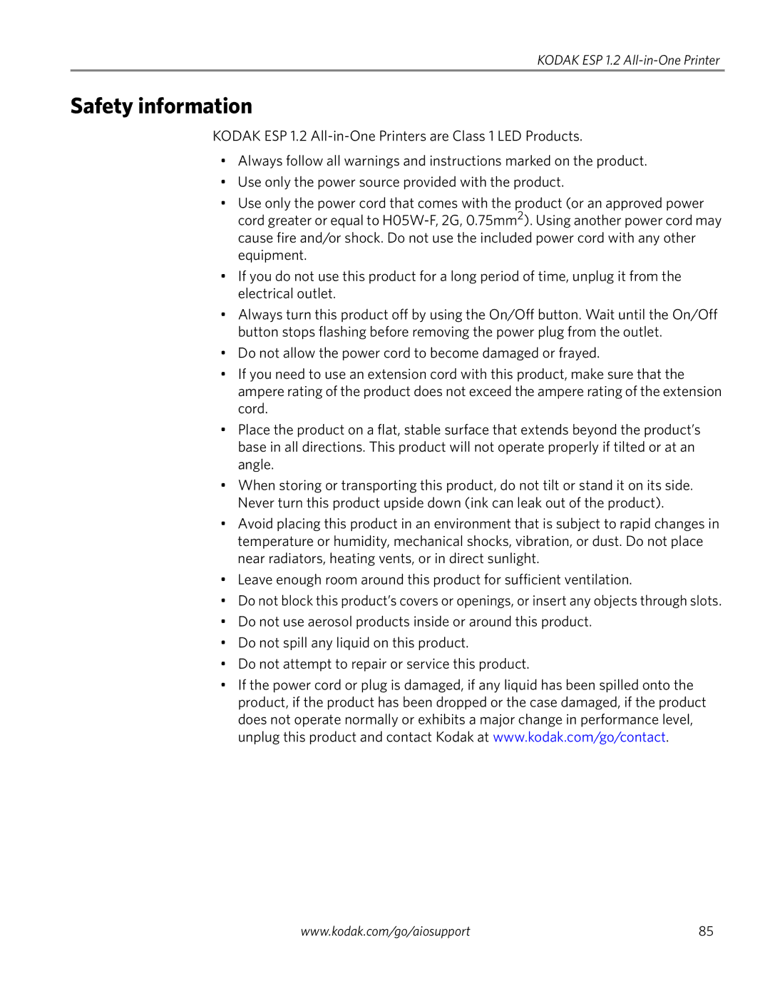 Kodak ESP 1.2 manual Safety information 