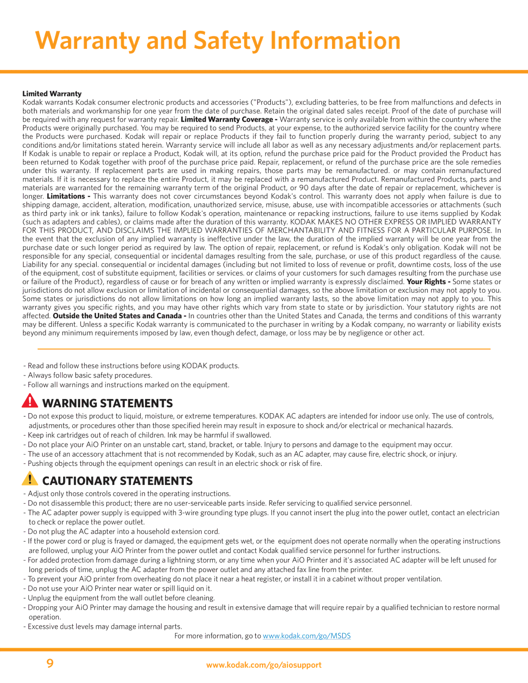 Kodak ESP 3 manual Warranty and Safety Information, Limited Warranty 