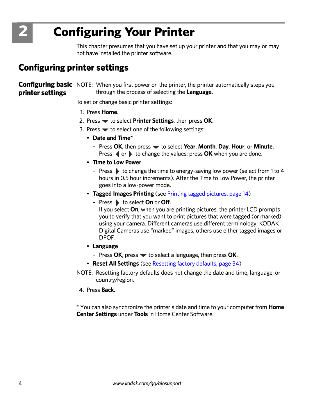 Kodak ESP 3200 Series Configuring Your Printer, Configuring printer settings, Date and Time, Time to Low Power, Language 