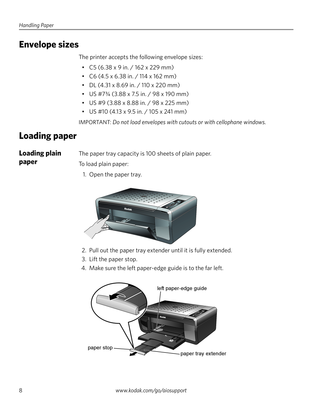 Kodak ESP 3250, ESP 3260, ESP 3200 Series manual Envelope sizes, Loading paper, Loading plain paper 