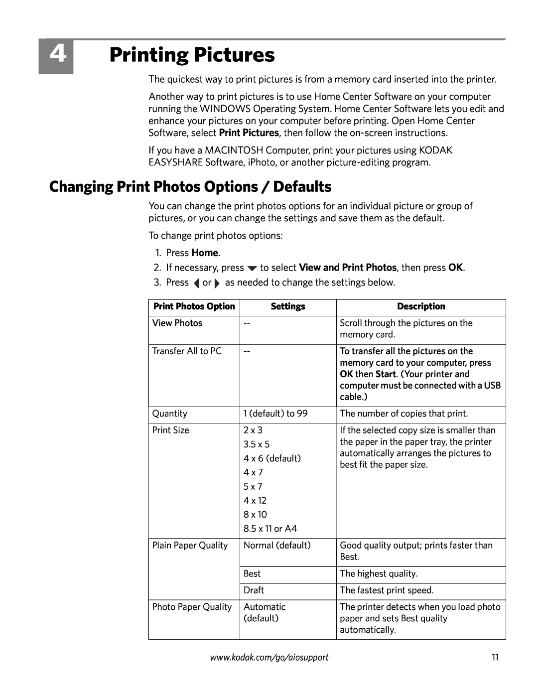 Kodak ESP 3250, ESP 3260, ESP 3200 Series manual Printing Pictures, Changing Print Photos Options / Defaults 