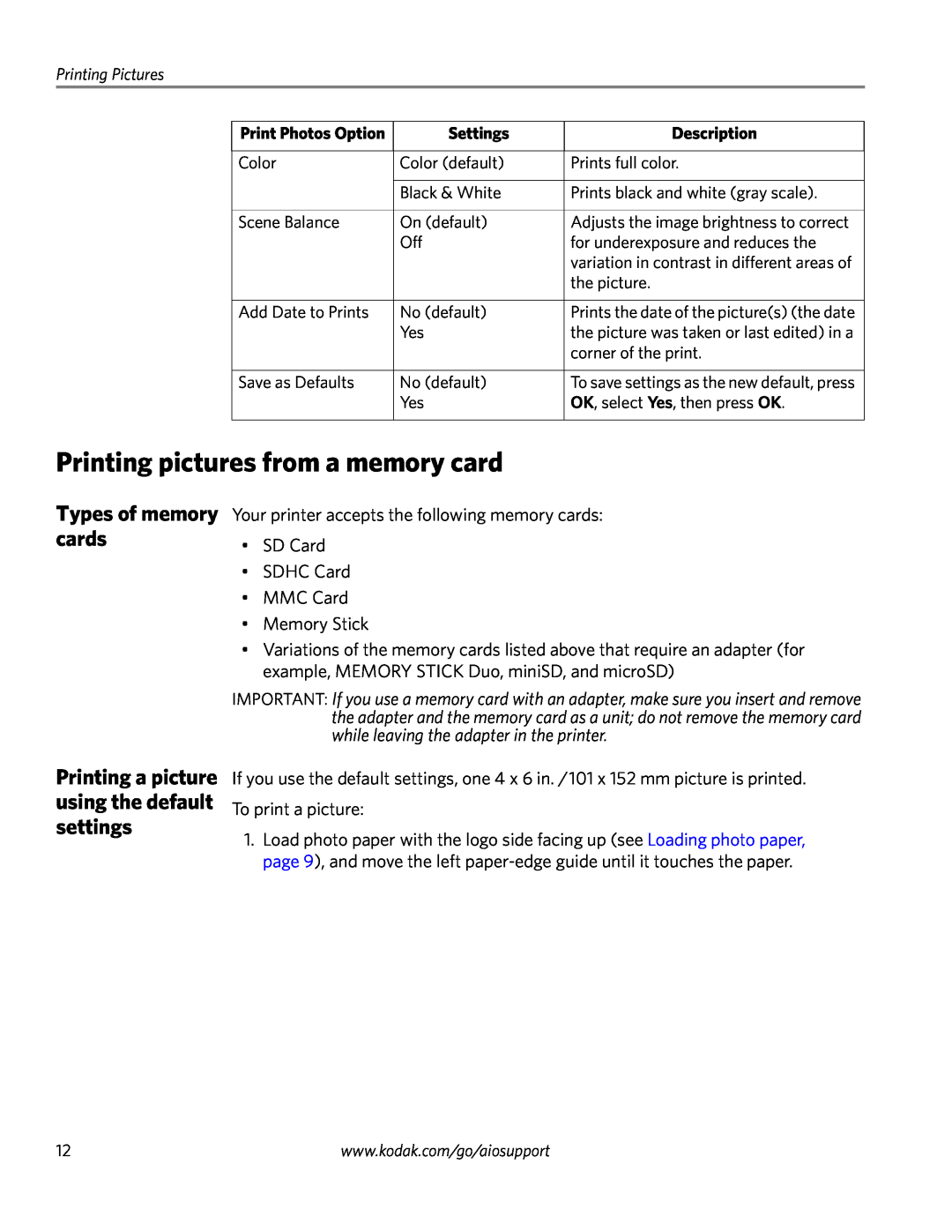 Kodak ESP 3260 Printing pictures from a memory card, Types of memory cards, Printing a picture using the default settings 
