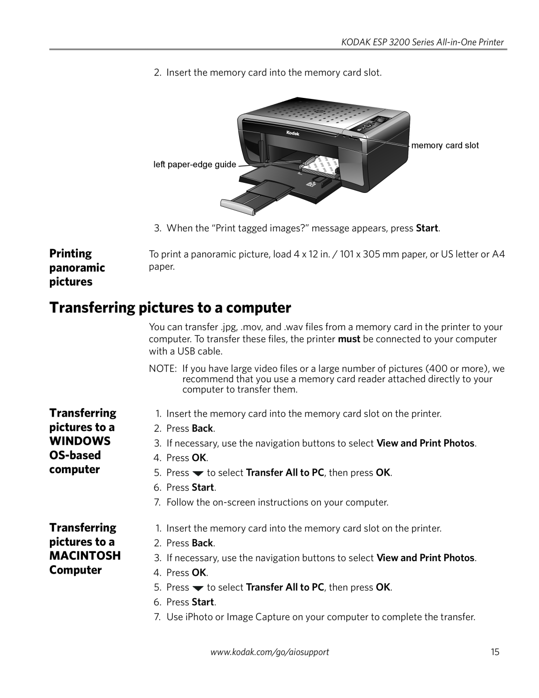 Kodak ESP 3260 Transferring pictures to a computer, Printing, panoramic, WINDOWS OS-based computer, MACINTOSH Computer 
