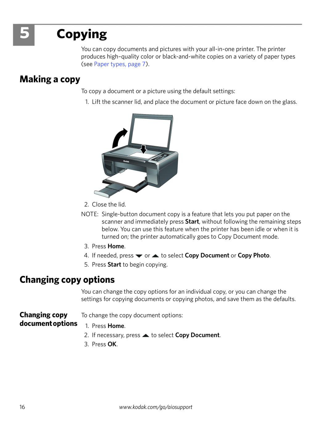 Kodak ESP 3200 Series, ESP 3260, ESP 3250 Copying, Making a copy, Changing copy options, Changing copy document options 