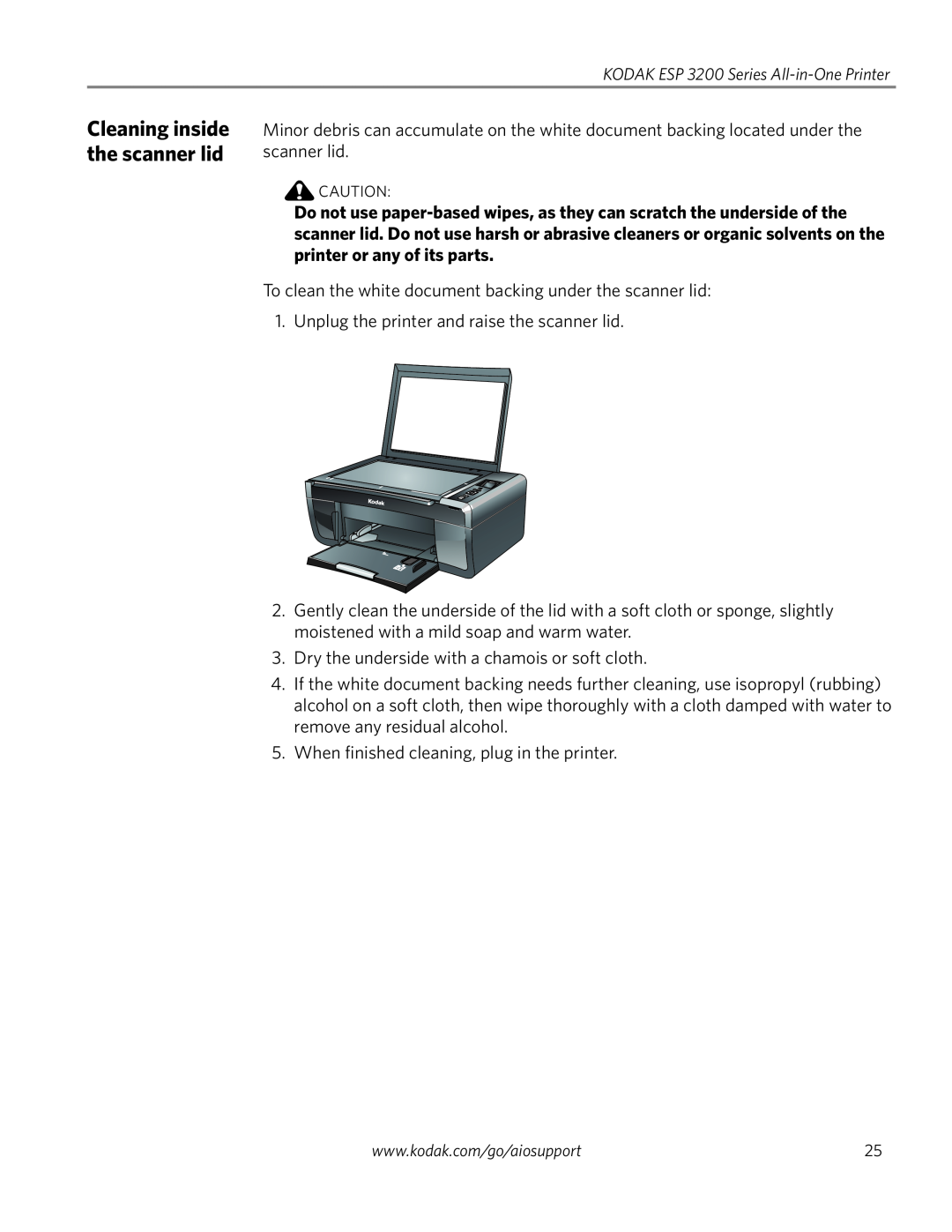 Kodak ESP 3200 Series, ESP 3260, ESP 3250 manual Cleaning inside the scanner lid 