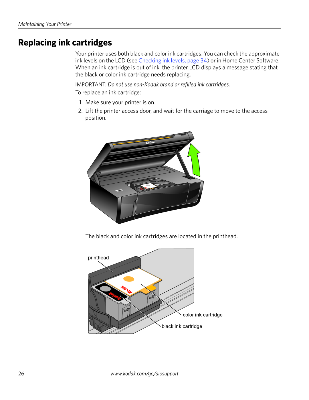 Kodak ESP 3250, ESP 3260 manual Replacing ink cartridges, IMPORTANT Do not use non-Kodak brand or refilled ink cartridges 