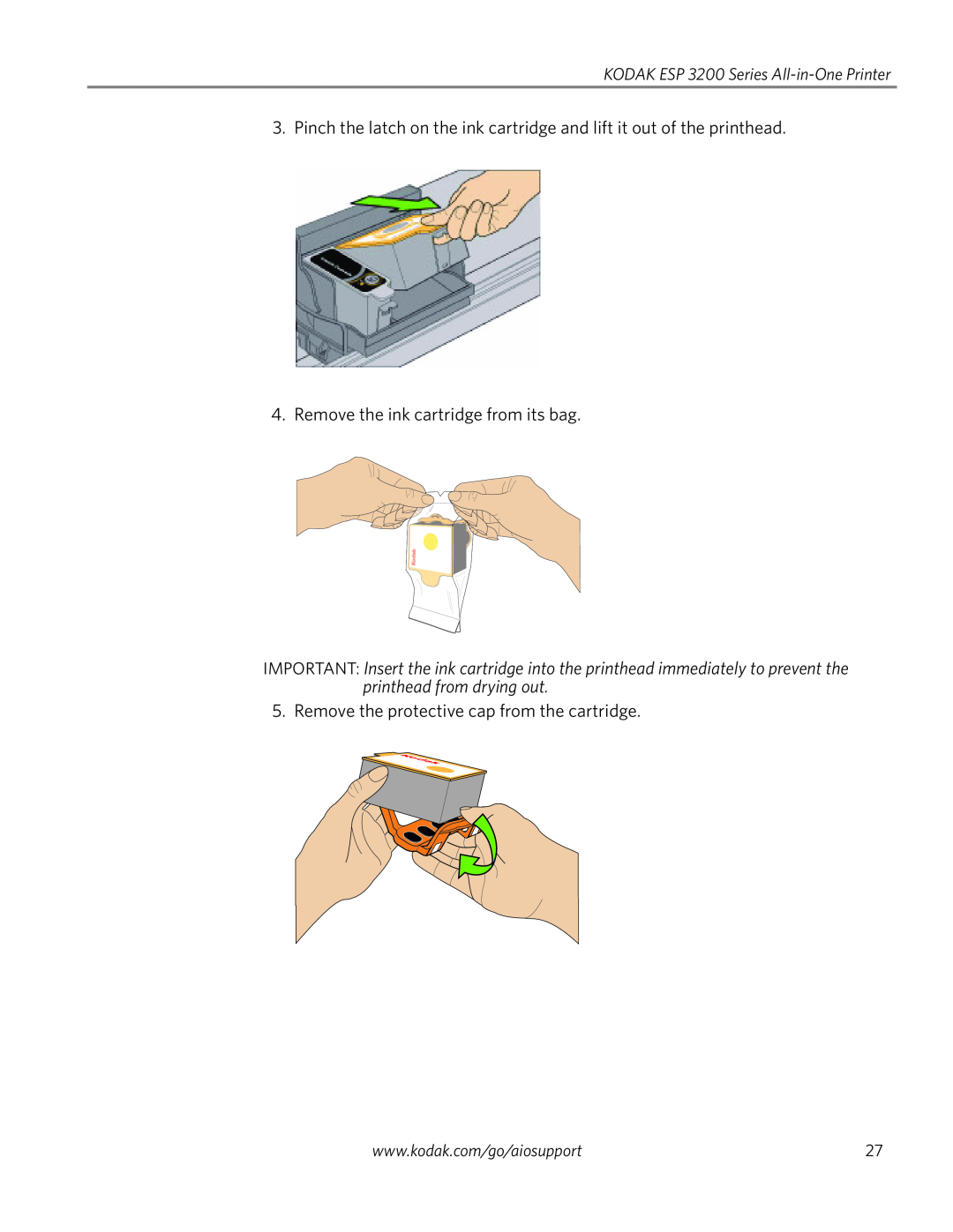 Kodak ESP 3260, ESP 3200 Series manual Remove the ink cartridge from its bag, Remove the protective cap from the cartridge 