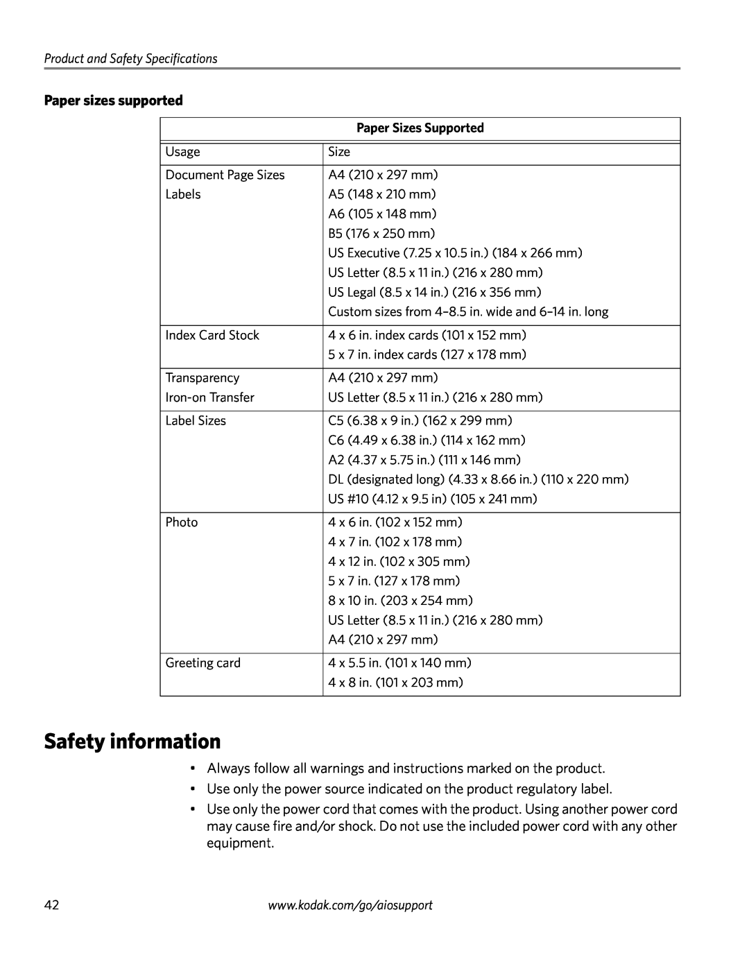 Kodak ESP 3260 manual Safety information, Paper sizes supported, Product and Safety Specifications, Paper Sizes Supported 