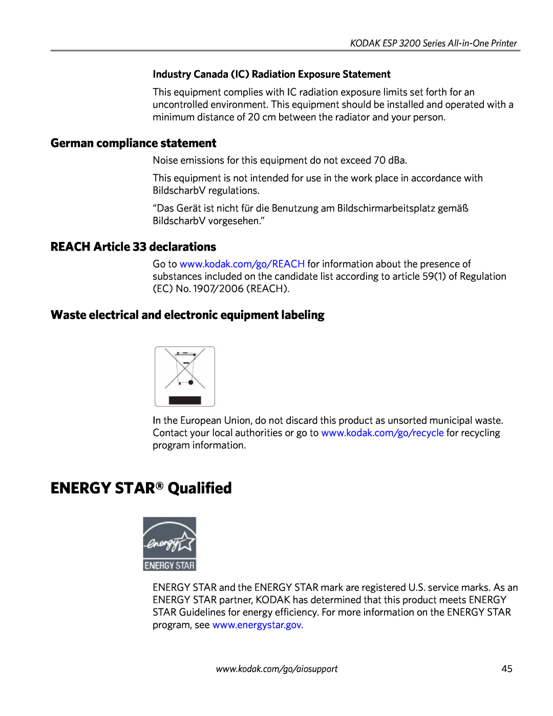 Kodak ESP 3260, ESP 3200 Series, ESP 3250 ENERGY STAR Qualified, German compliance statement, REACH Article 33 declarations 