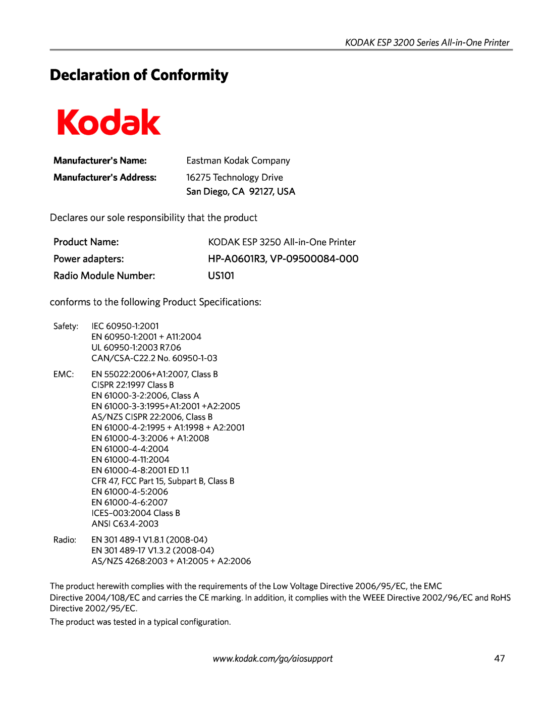 Kodak ESP 3250 Declaration of Conformity, KODAK ESP 3200 Series All-in-One Printer, Manufacturers Name, Technology Drive 