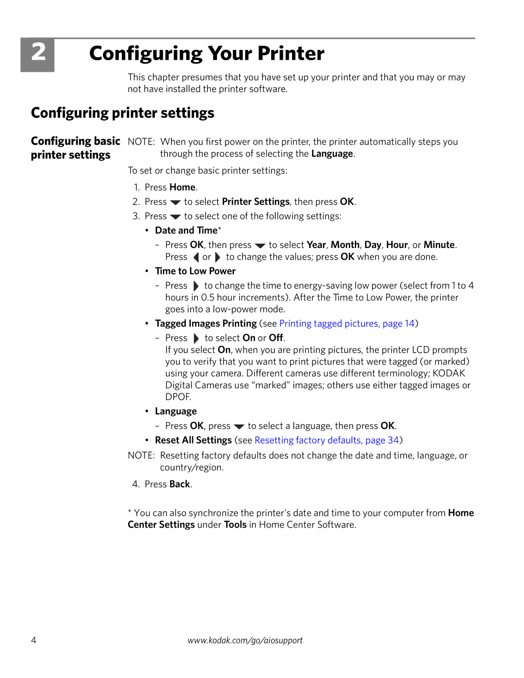 Kodak ESP 3200 Series, ESP 3260, ESP 3250 manual Configuring Your Printer, Configuring printer settings, Printer settings 