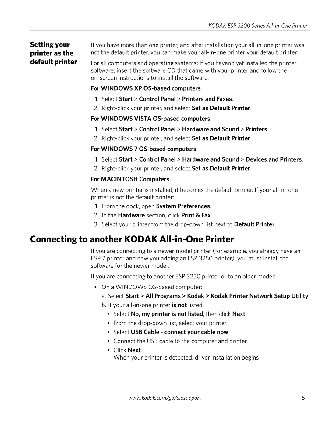 Kodak ESP 3250, ESP 3260 manual Connecting to another Kodak All-in-One Printer, Setting your printer as the default printer 