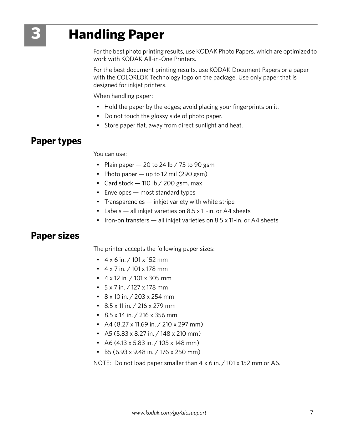 Kodak ESP 3200 Series, ESP 3260, ESP 3250 manual Handling Paper, Paper types, Paper sizes 