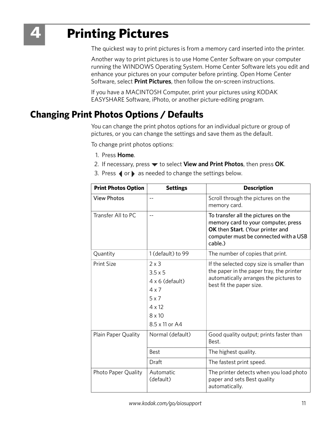 Kodak ESP 3250, ESP 3260, ESP 3200 Series Printing Pictures, Changing Print Photos Options / Defaults, Settings Description 