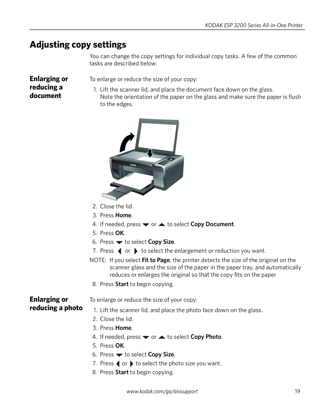 Kodak ESP 3200 Series, ESP 3260, ESP 3250 manual Adjusting copy settings 