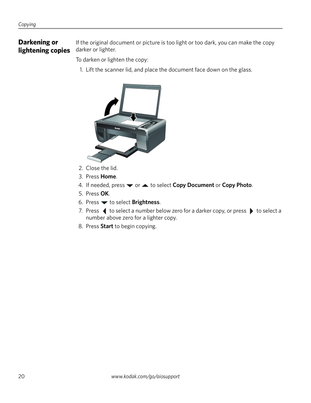 Kodak ESP 3250, ESP 3260, ESP 3200 Series manual Darkening or lightening copies 