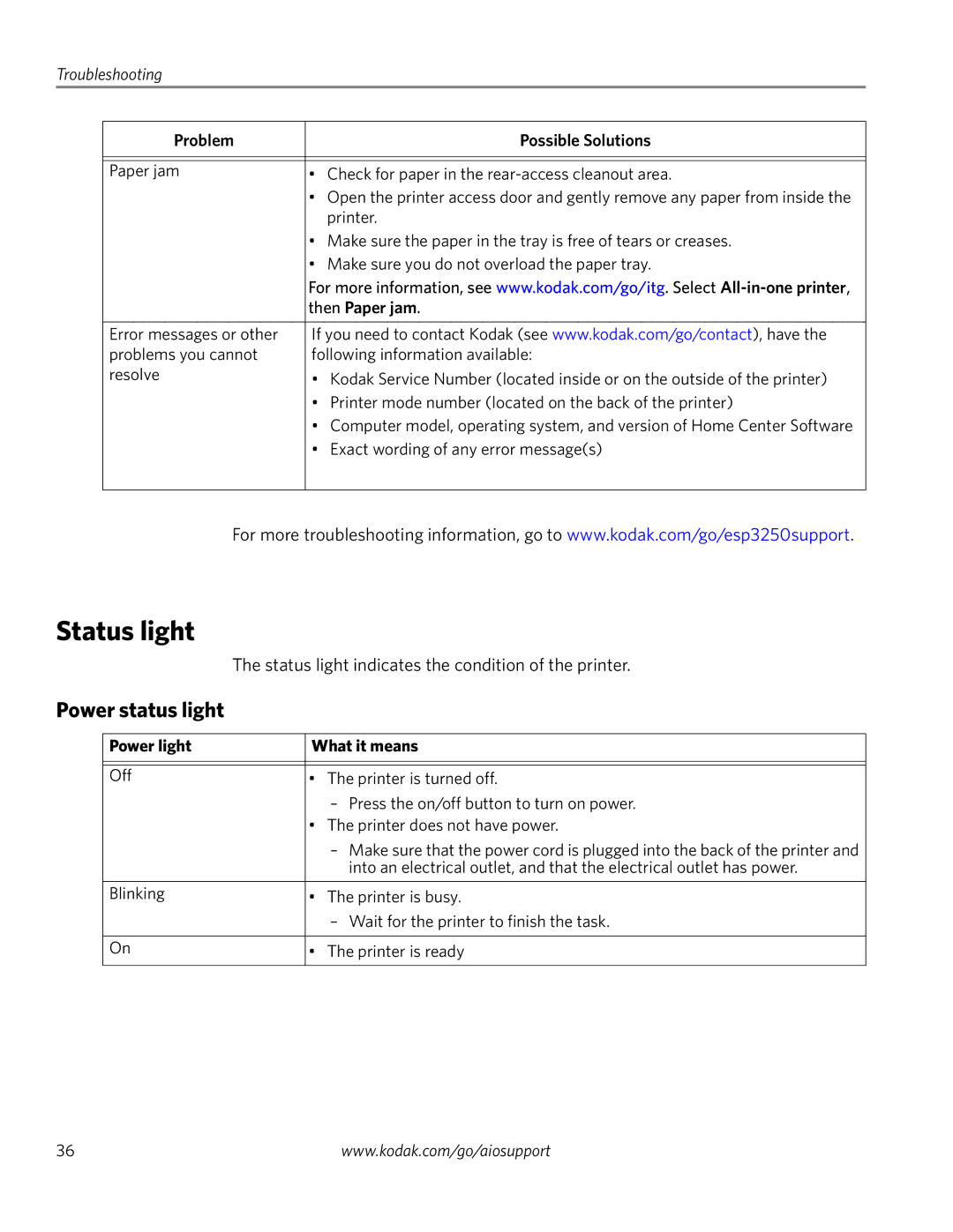 Kodak ESP 3260, ESP 3200 Series, ESP 3250 manual Status light, Power status light, Then Paper jam, Power light What it means 