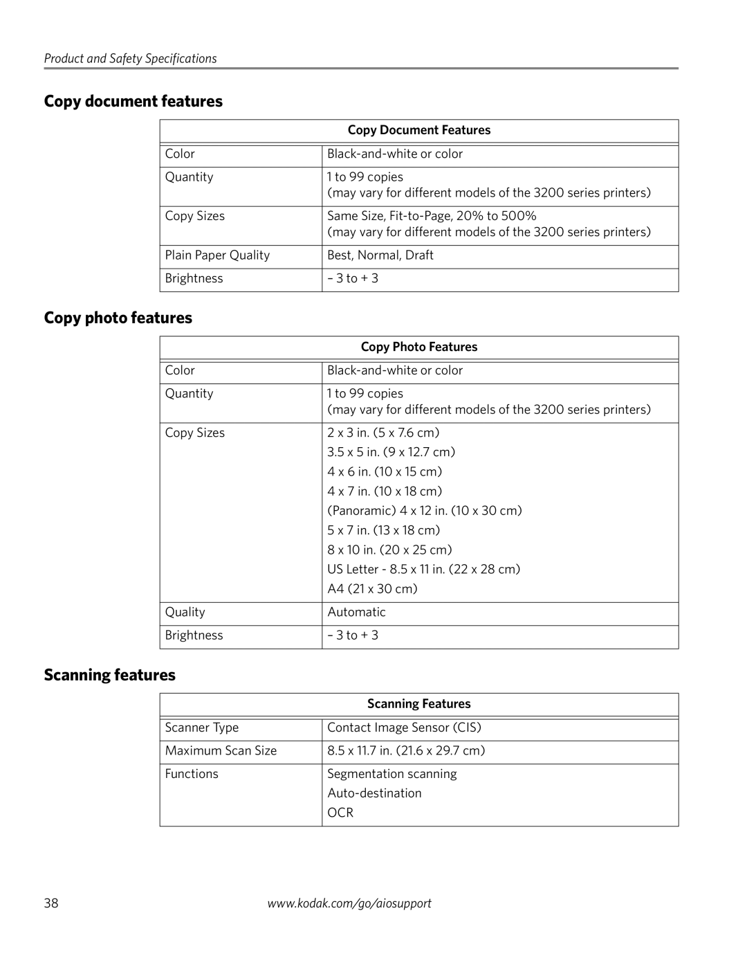 Kodak ESP 3250, ESP 3260, ESP 3200 Series manual Copy document features, Copy photo features, Scanning features 