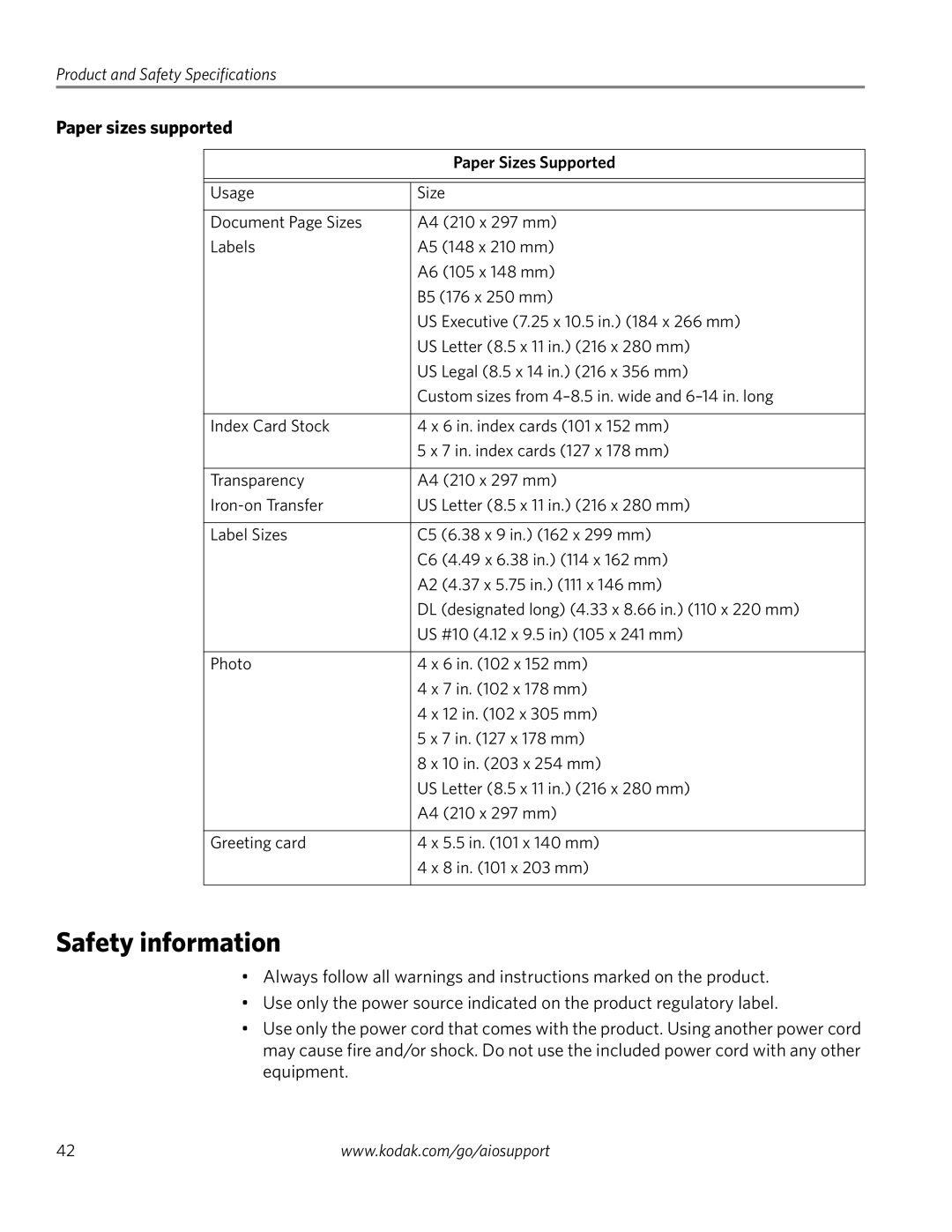 Kodak ESP 3260, ESP 3200 Series, ESP 3250 manual Safety information, Paper sizes supported, Paper Sizes Supported 