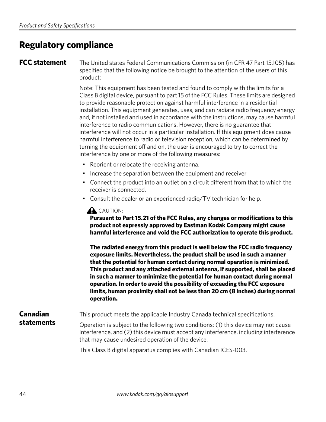 Kodak ESP 3250, ESP 3260, ESP 3200 Series manual Regulatory compliance, FCC statement, Canadian statements 