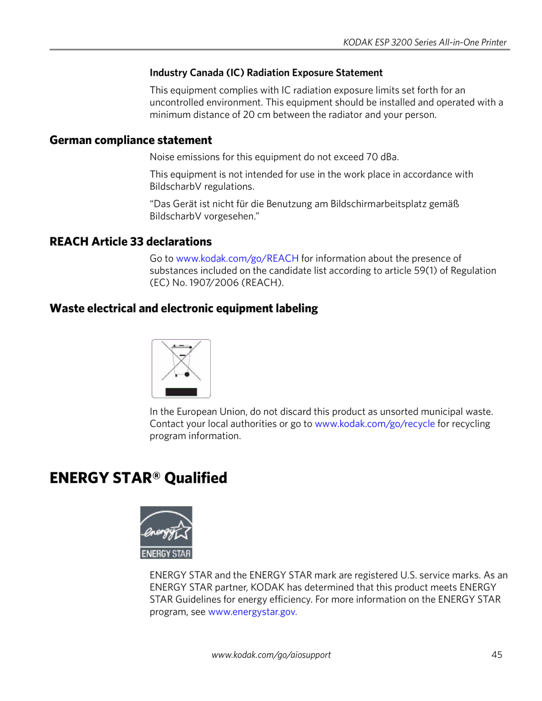 Kodak ESP 3260 manual Energy Star Qualified, German compliance statement, Industry Canada IC Radiation Exposure Statement 