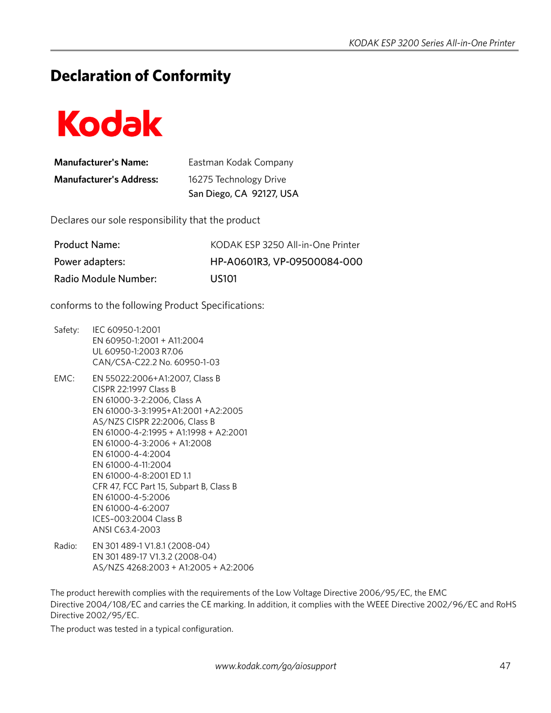 Kodak ESP 3250, ESP 3260 manual Declaration of Conformity, Manufacturers Name, Manufacturers Address Technology Drive 