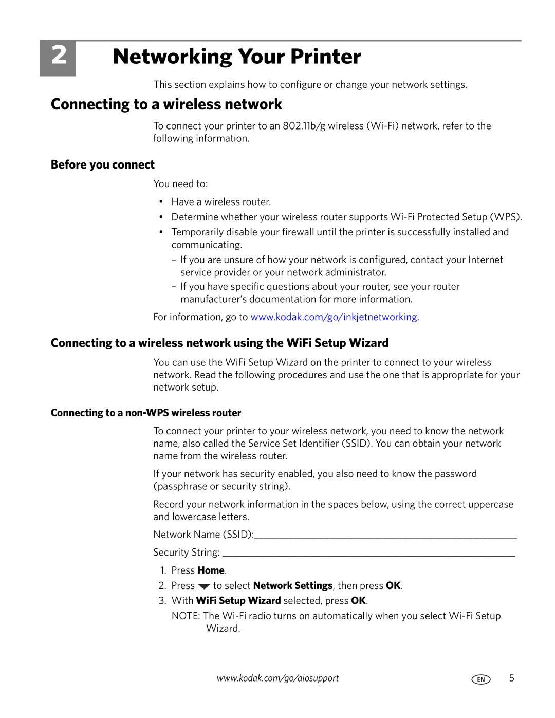 Kodak ESP 5200 manual Networking Your Printer, Connecting to a wireless network, Before you connect 