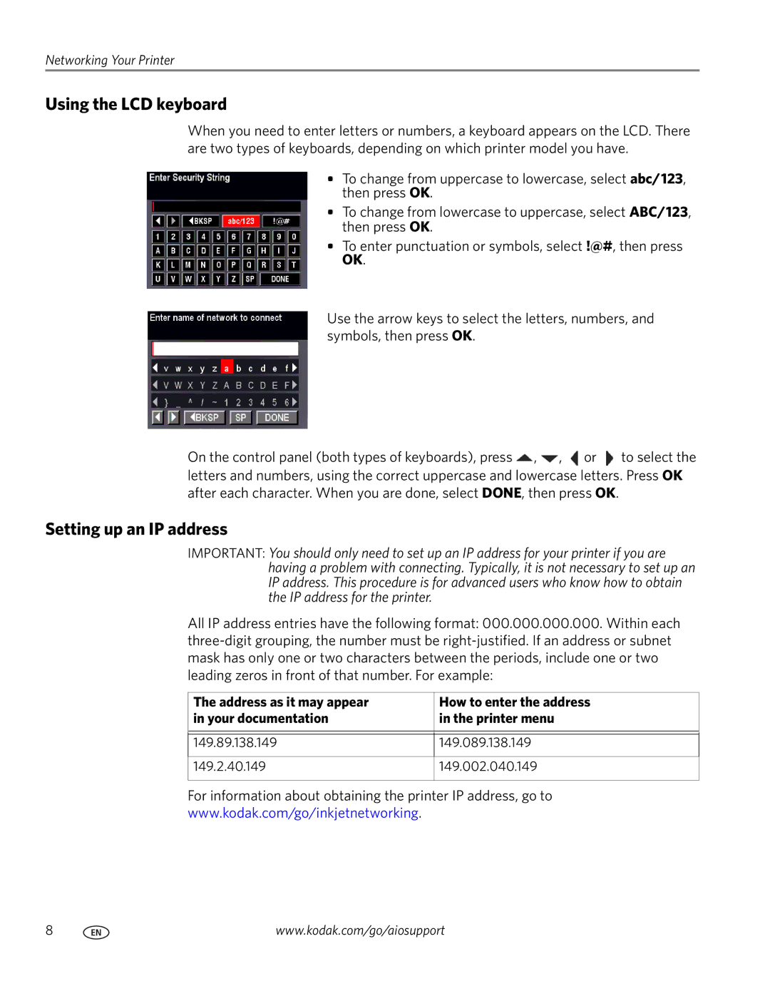 Kodak ESP 5200 manual Using the LCD keyboard, Setting up an IP address 