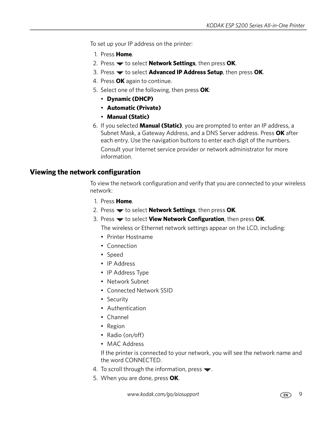 Kodak ESP 5200 manual Viewing the network configuration, Dynamic Dhcp Automatic Private Manual Static 