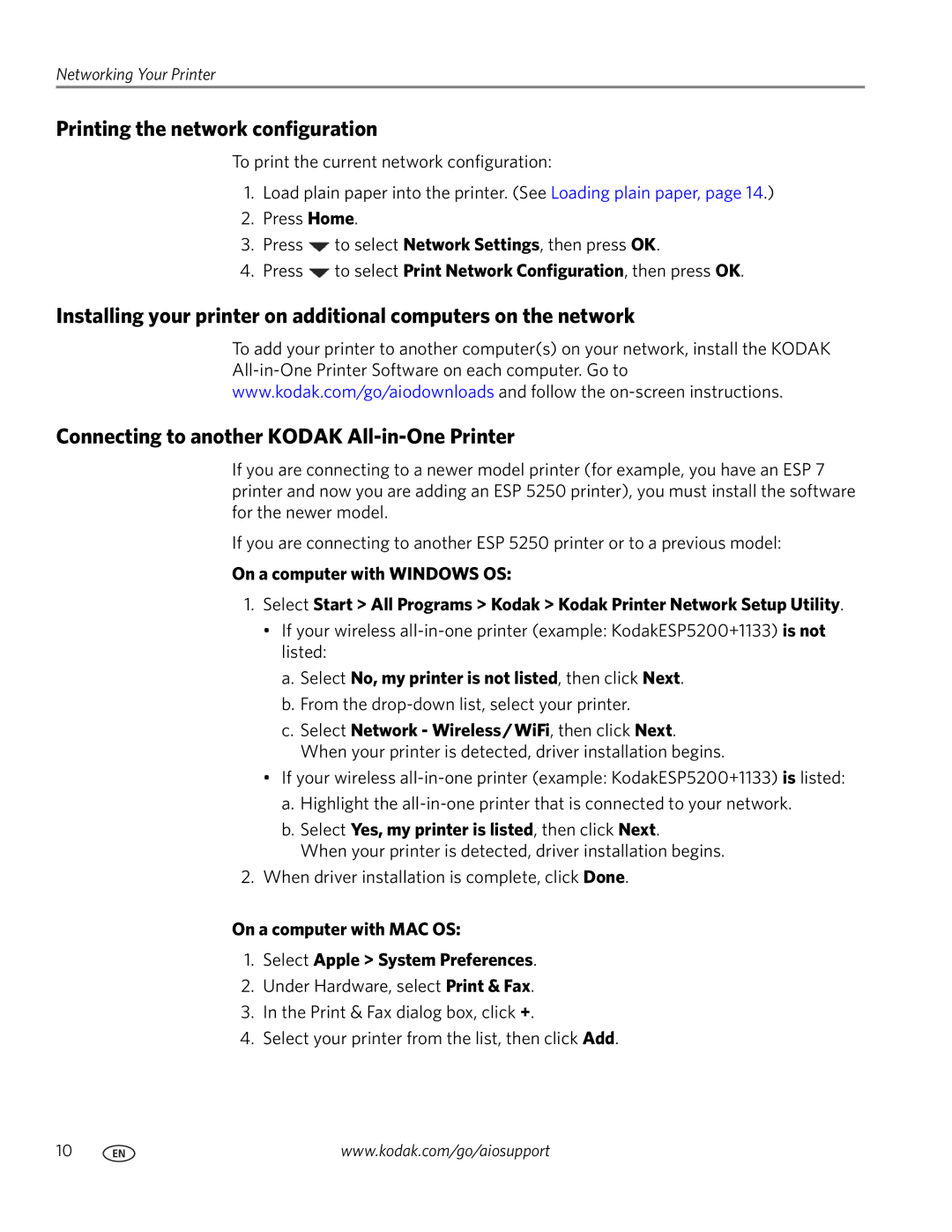 Kodak ESP 5200 manual Printing the network configuration, Connecting to another Kodak All-in-One Printer 