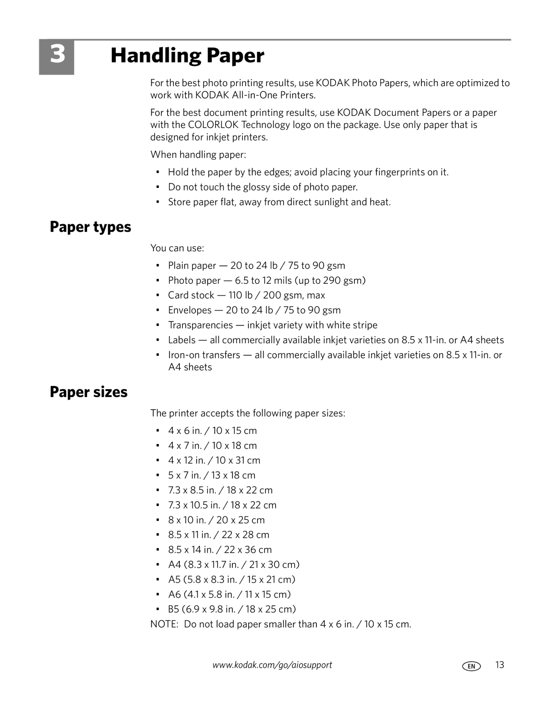 Kodak ESP 5200 manual Handling Paper, Paper types, Paper sizes 