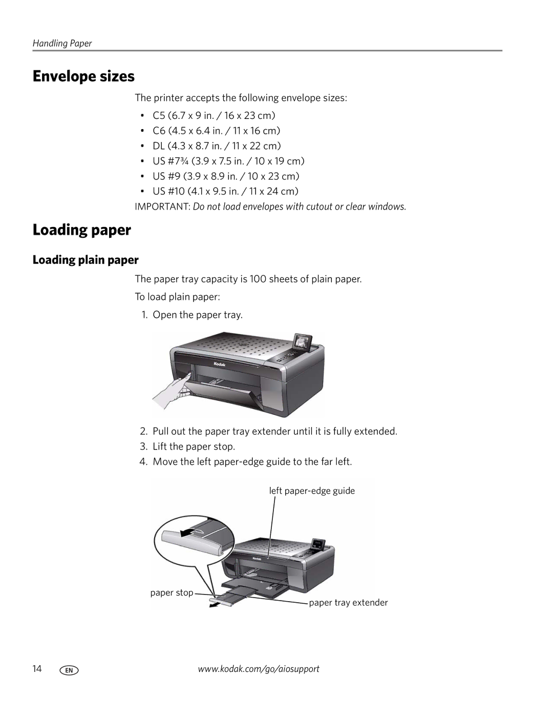 Kodak ESP 5200 manual Envelope sizes, Loading paper, Loading plain paper 