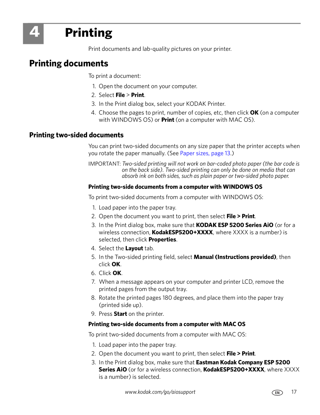 Kodak ESP 5200 manual Printing documents, Printing two-sided documents 