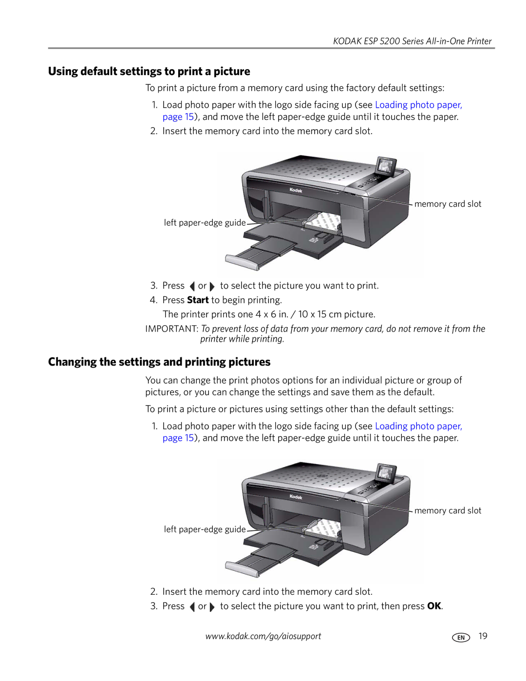 Kodak ESP 5200 manual Using default settings to print a picture, Changing the settings and printing pictures 