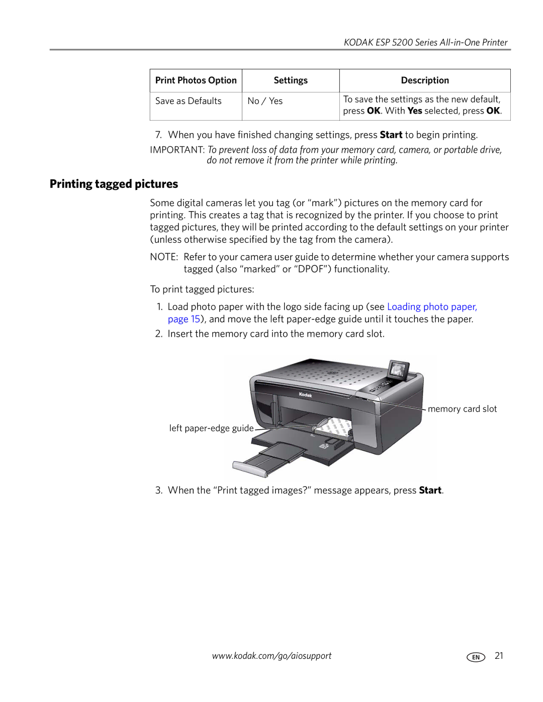 Kodak ESP 5200 manual Printing tagged pictures, Settings Description 