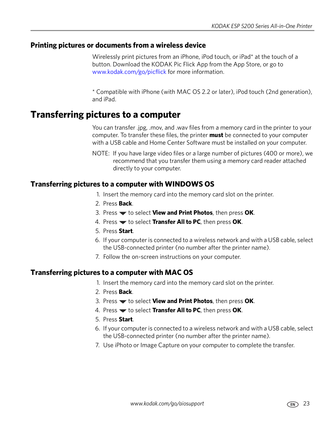 Kodak ESP 5200 manual Transferring pictures to a computer, Printing pictures or documents from a wireless device 